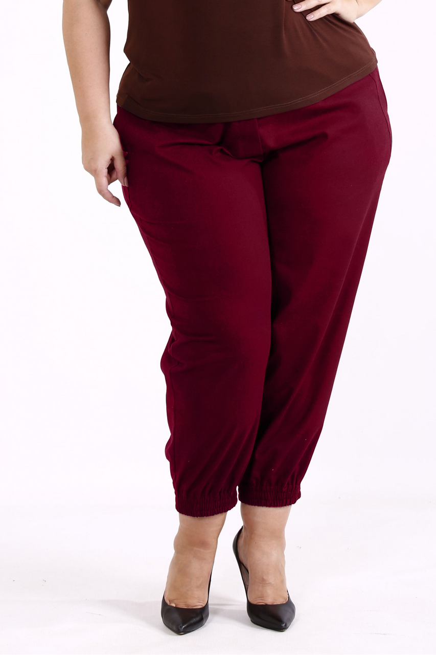 Бордові лляні штани літні жіночі укорочені вільні великого розміру 42-74. B095-4