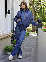 Короткая стеганая куртка демисезон со вшитым капюшоном на молнию Весна 2024 синий