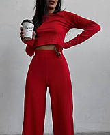Женский базовый прогулочный костюм рубчик укороченная кофта топ широкие штаны палаццо высокая посадка VV Красный, 42/44