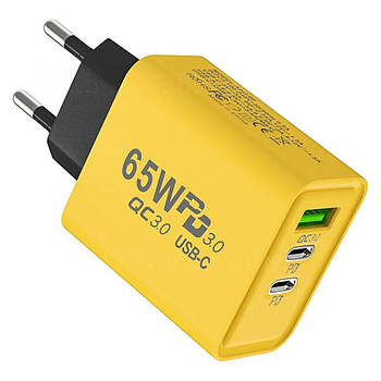 Адаптер для заряджання 65W, 1xUSB 2хType-C / Блочок для зарядки / Мережевий зарядний пристрій / Зарядка / СЗУ