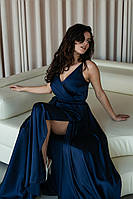 Нарядное шелковое синее платье на запах, L/XL, синий