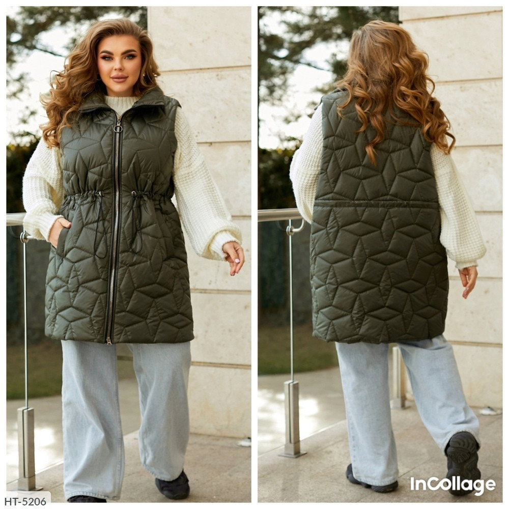 Подовжена стегана жилетка безрукавка жіноча тепла демісезонна на блискавці з кишенями великих розмірів