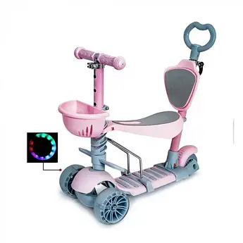 Триколісний дитячий самокат Scooter 5 в 1 із сидінням, батьківською ручкою та кошиком 1+