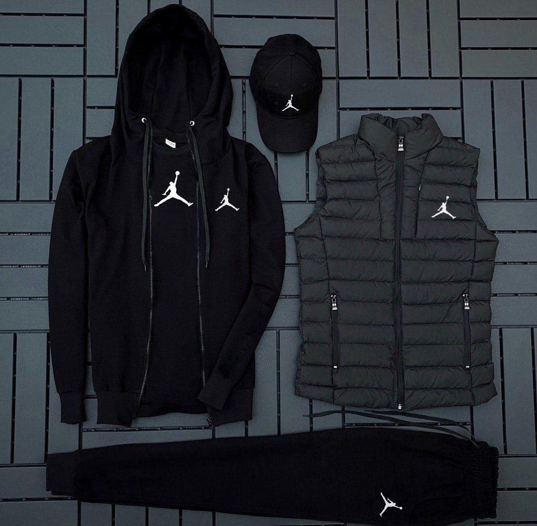 Чоловічий спортивний костюм Jordan 5в1 чорний Комплект Джордан Худі+Штани+Футболка+Кепка+Жилетка весняний