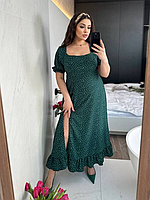 Платье летнее зеленое в мелкий горошек макси с боковым разрезом большого размера 48-62. 106022