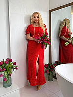 Платье летнее красное в мелкий горошек макси с боковым разрезом большого размера 48-62. 106023