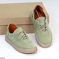 Оливковые замшевые деми туфли на шнуровке натуральная замша низкий ход