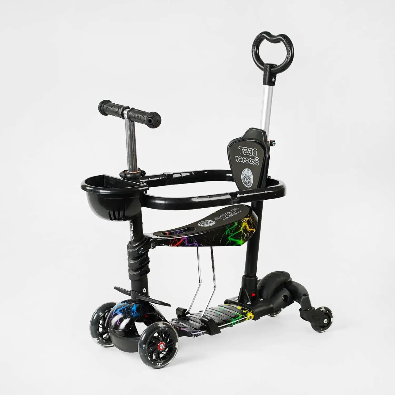 Дитячий самокат 5в1 для хлопчика дівчинки Best Scooter LS-41629 Чорний / Кольоровий Самокат із сидінням та ручкою