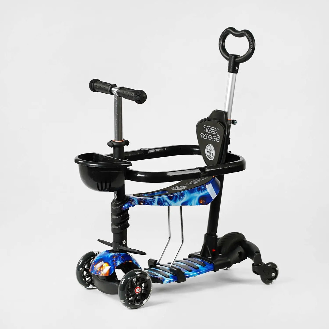 Самокат із сидінням та бортиком для хлопчика 5в1 Best Scooter LS-70036 Чорний / Синій Триколісний самокат від 1 року