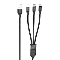 Кабель универсальный Hoco U104 3в1 66W USB-A to Type-C+Lightning+MicroUSB 1.2m для зарядки черный