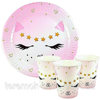Посуд паперовий рожевий Кішечка святкова одноразовий набір 10 тарілок 10 склянок