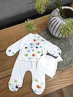 Детский костюм 3в1 для новорожденного 56 размер распашонка ползунки шапочка интерлок