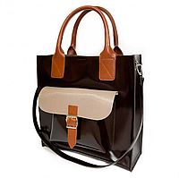 Женская кожаная сумка шоппер, шопер из натуральной кожи шоколад-лате глянец комбинированная