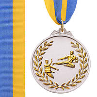 Медаль спортивная с лентой двухцветная Zelart Карате C-7026 цвет серебряный