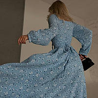 Муслиновое платье миди с разрезом и шнуровкой на спине Голубой, M-L