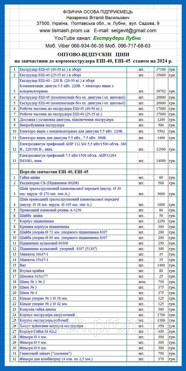 Цены на запасные части до экструдера ЕШ-40, ЕШ-45 - фото 1 - id-p704938096