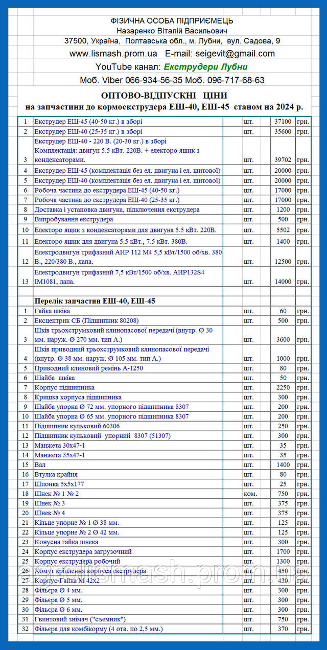 Ціни на запасні частини до кормоекструдера ЕШ-40, ЕШ-45 станом на 2023 р.