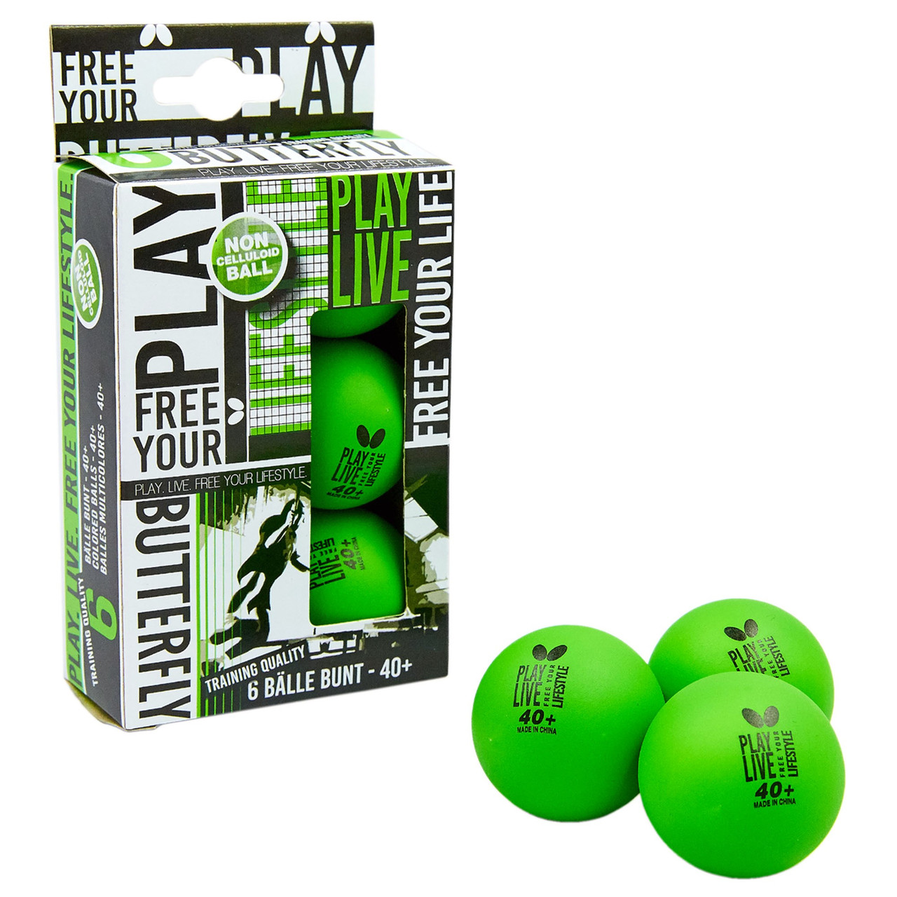 Набор мячей для настольного тенниса BUTTERFLY FREE YOUR LIFESTYLE 40+ 85215 6шт салатовый - фото 1 - id-p2132811549