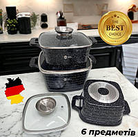 Набор квадратных казанов Higher Kitchen НК322 для дома Набор кухонной посуды гранитное покрытие Черный