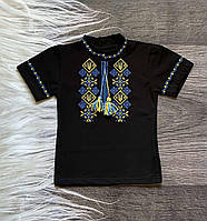 Дитяча чорна сорочка; вишиванка з коротким рукавом на хлопчика 128-146 см