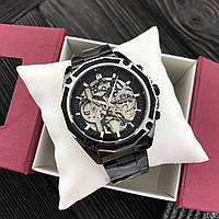 Мужские механические наручные часы скелетоны с автоподзаводом  Forsining 8130 Black-Silver