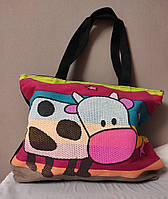 Большая летняя холщовая сумка с коровкой разноцветная