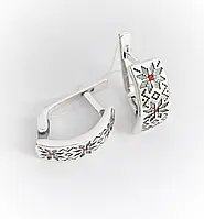 Серьги серебряные "Вышиванка" с красными камнями
