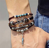 Набір шкіряних чоловічих браслетів — чоловічий браслет сріблястий штурвал