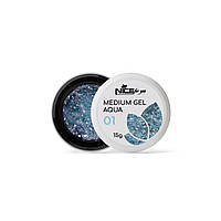 Гель для наращивания Medium gel Nice for you №01 Aqua прозрачный с поталью 15 г