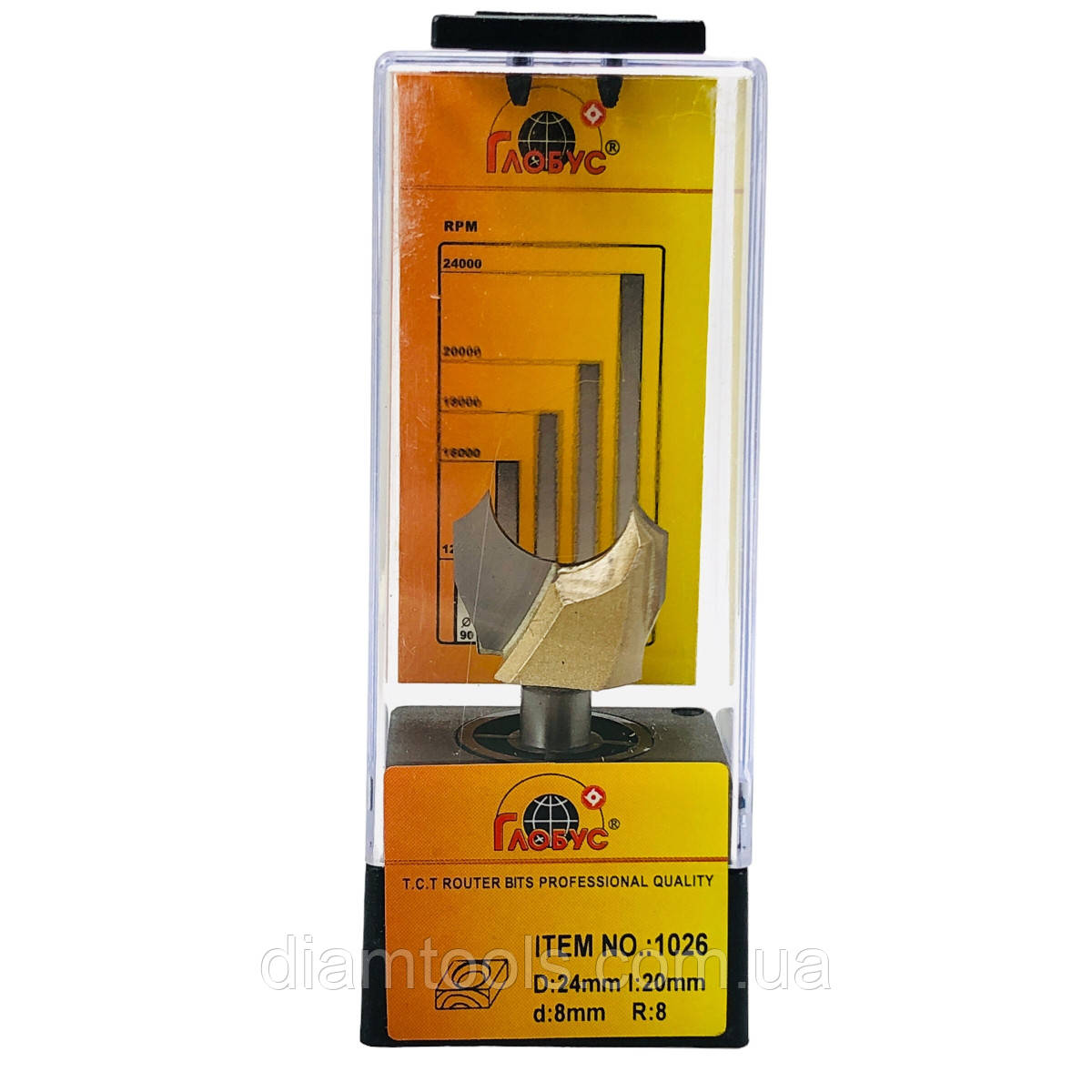 Фреза для виготовлення розеток Глобус 1026 D24 d8 L55 h20 R8