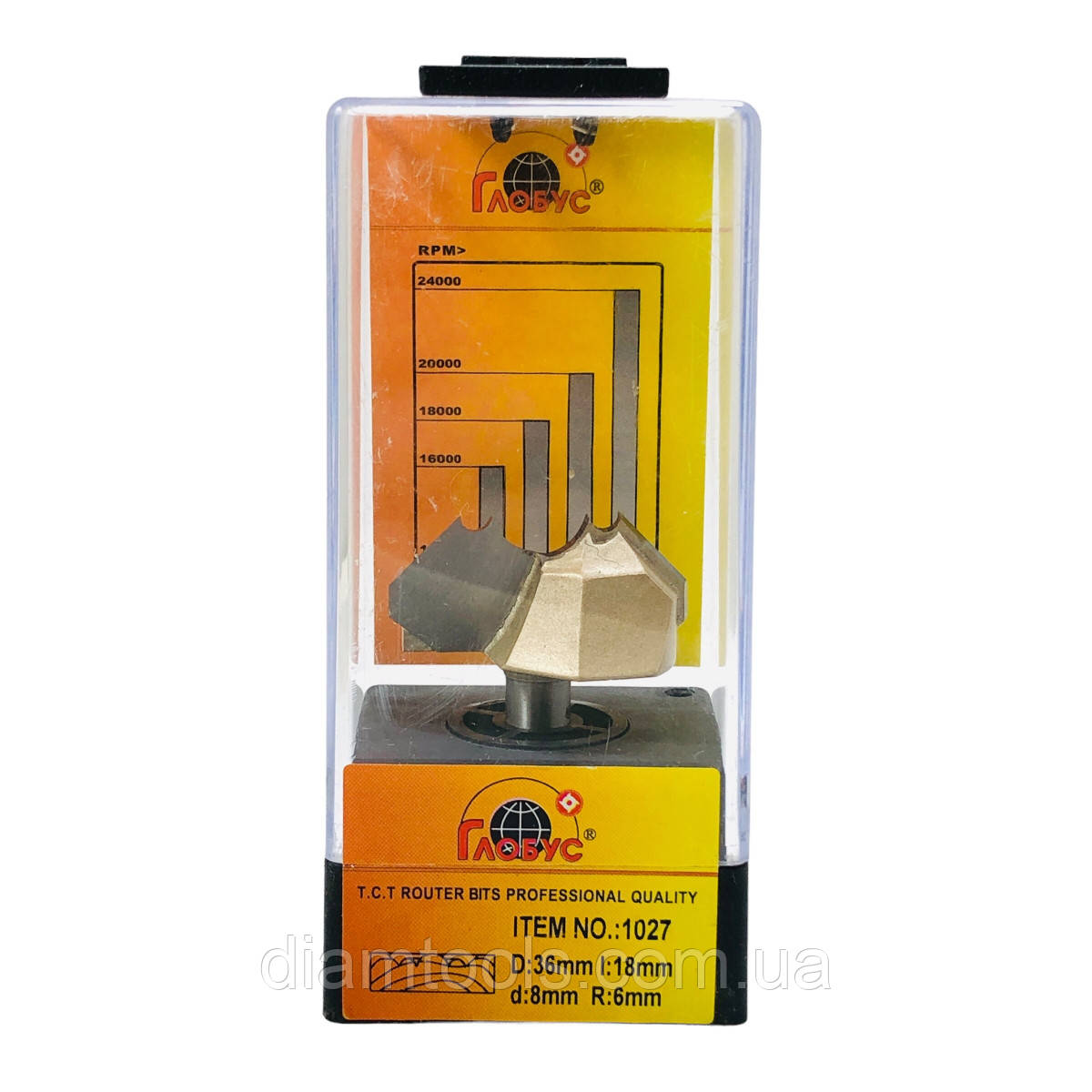 Фреза для виготовлення розеток Глобус 1027 D36 d8 L53 h18 R6, фото 1