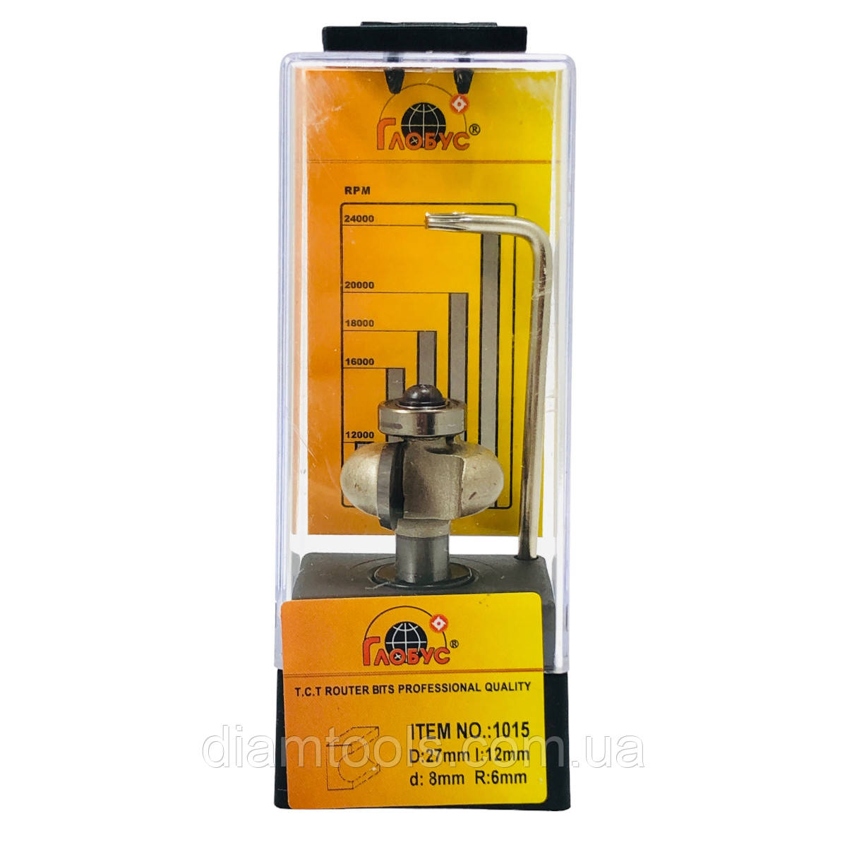 Фреза кромкова галтельна Глобус 1015 D27 d8 L47 h12 R5 з нижнім підшипником, фото 1