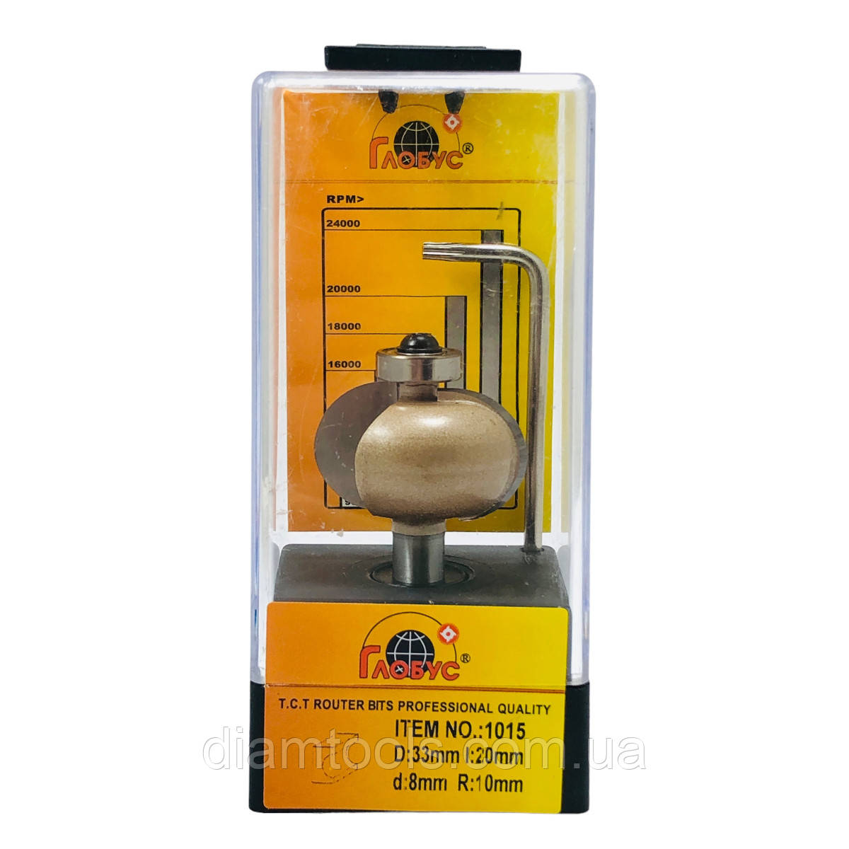 Фреза кромкова галтельна Глобус 1015 D33 d8 L55 h20 R10 з нижнім підшипником