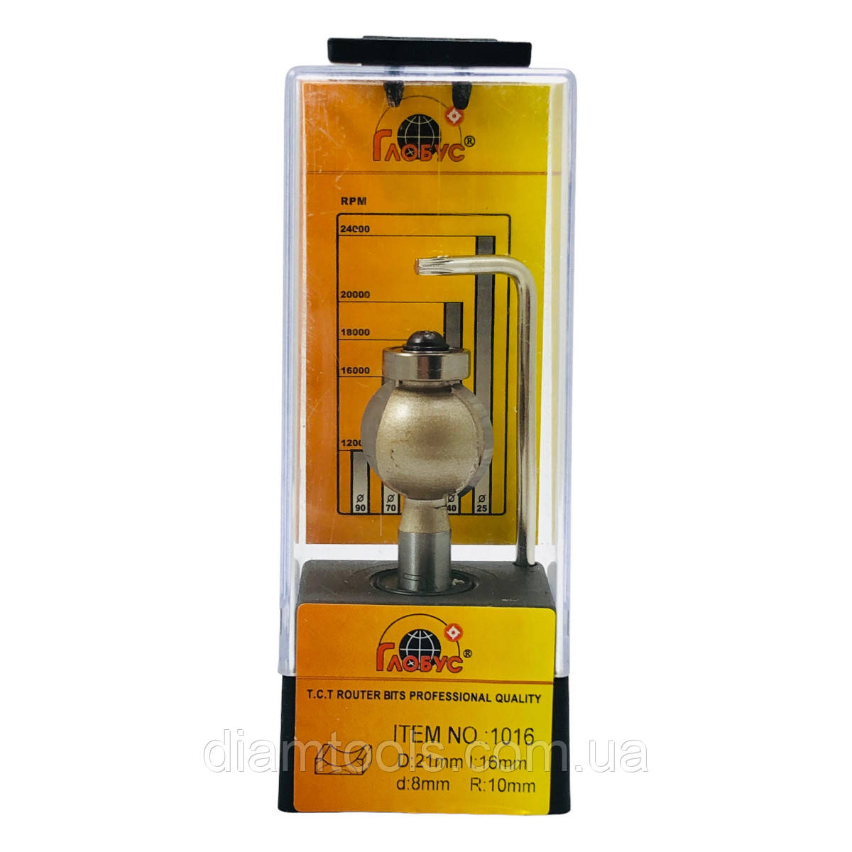 Фреза кромкова галтельна Глобус 1016 D21 d8 L52 h16 R10 з нижнім підшипником, фото 1