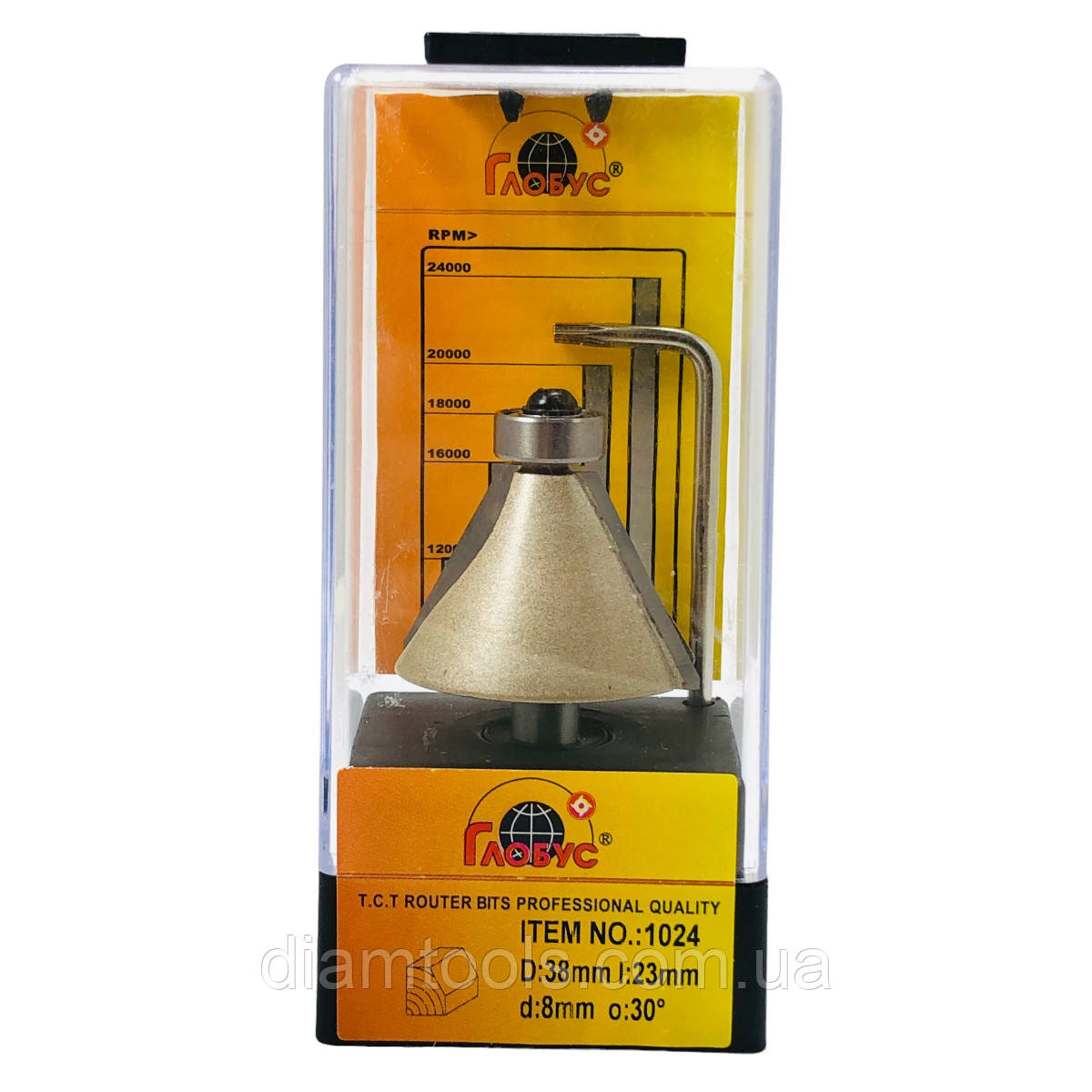 Фреза кромкова конусна Глобус 1024 D38 d8 L58 h23 O30 z2