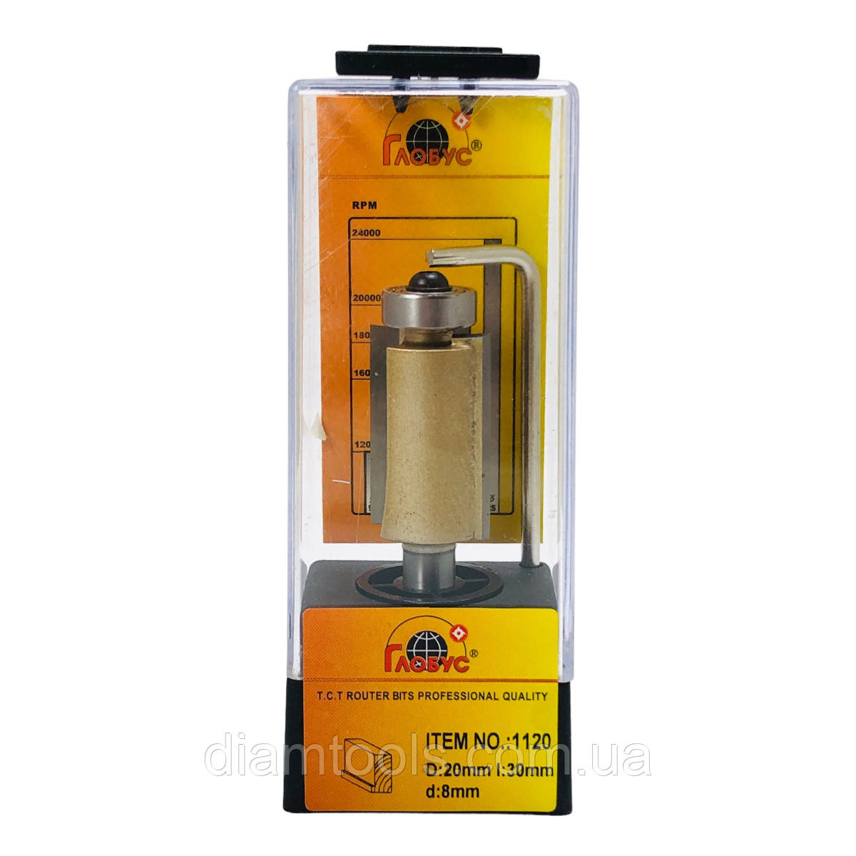 Фреза кромкова пряма Глобус 1120 D20 d8 L65 h30 з нижнім підшипником