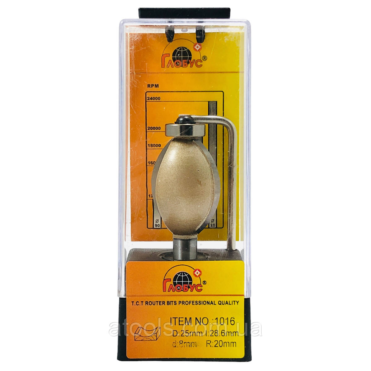 Фреза кромкова галтельна Глобус 1016 D25 d8 L65 h30 R20 з нижнім підшипником