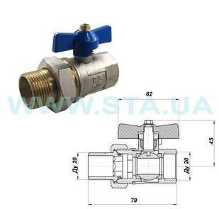 Кран кульовий з американкою STA    3/4" (червоний метелик) НІК. {108/12}