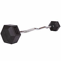 Штанга фиксированная изогнутая обрезиненная Rubber Hexagon Barbell Zelart TA-6231-30 длина-95см 30кг черный