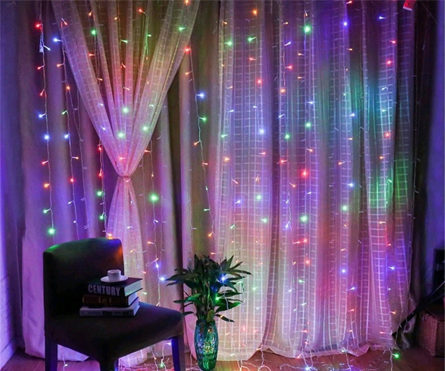 Гірлянда світлодіодна Водоспад 280 LED, прозорий шнур 3х1,5 м (Мультиколор) зі зєднувачем, фото 1