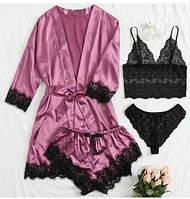 .домашній жіночий комплект для дому з халатика, топ, шортики та трусики бузкового кольору.