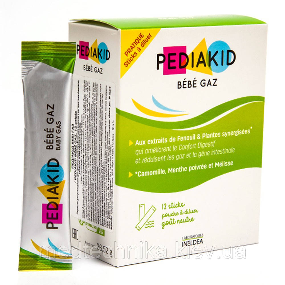 Порошок для зняття здуття живота Бебі газ, 12 стіків, Pediakid, фото 1