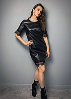 Жіноче чорне плаття міні з екошкіри прямого крою з мереживом 42-44, 46-48
