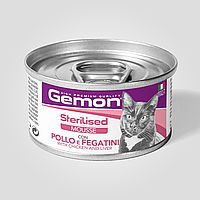 Влажный корм Gemon Cat Wet Sterilised для стерилизованных котов мясной мусс с курицей и ливером, 85 г, ж/б