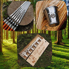 Комплект Тубус + чарки з гравіровкою 6 шт. + шампура з деревяною ручкою з гравіровкою 6 шт.
