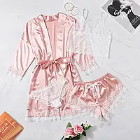 Женский розовый комплект для сна халат, шортики на резинке, белый кружевной том и трусики