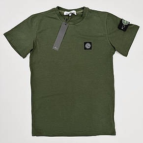 Чоловіча футболка Stone Island хакі з патчем бавовняна Теніска Стон Айленд на літо