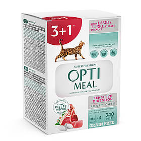 Набір вологого корму для котів Optimeal  Sensitive Digestion з ягням та індичим філе в соусі 3+1 пауч 85 г