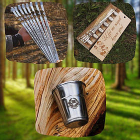 Комплект Тубус + чарки з гравіровкою 6 шт + шампура з металеві з гравіровкою6 шт. Набір для пікніка