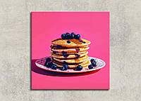 Картина Панкейки с Черникой Яркая Картина Блинчики Мед на Кухню Розовый Настенный Декор Картина Еда на Стену 40x40